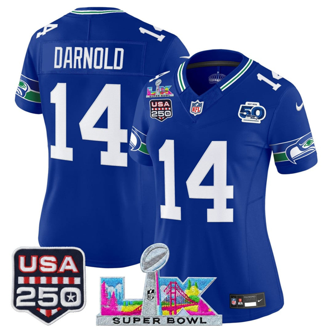 Women's Seattle Seahawks #14 Sam Darnold Royal 2025 F.U.S.E. Super Bowl LX Patch And 50th Season & USA 250' Patch Vapor Throwback Limited Stitched Football Jersey(Run Small)